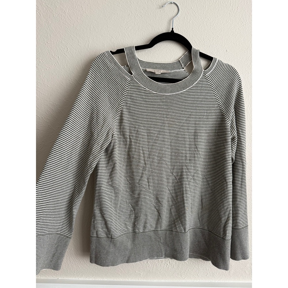 LOFT Womens Shoulder Striped Sweater Olive Green White Size Small Long Sleeve